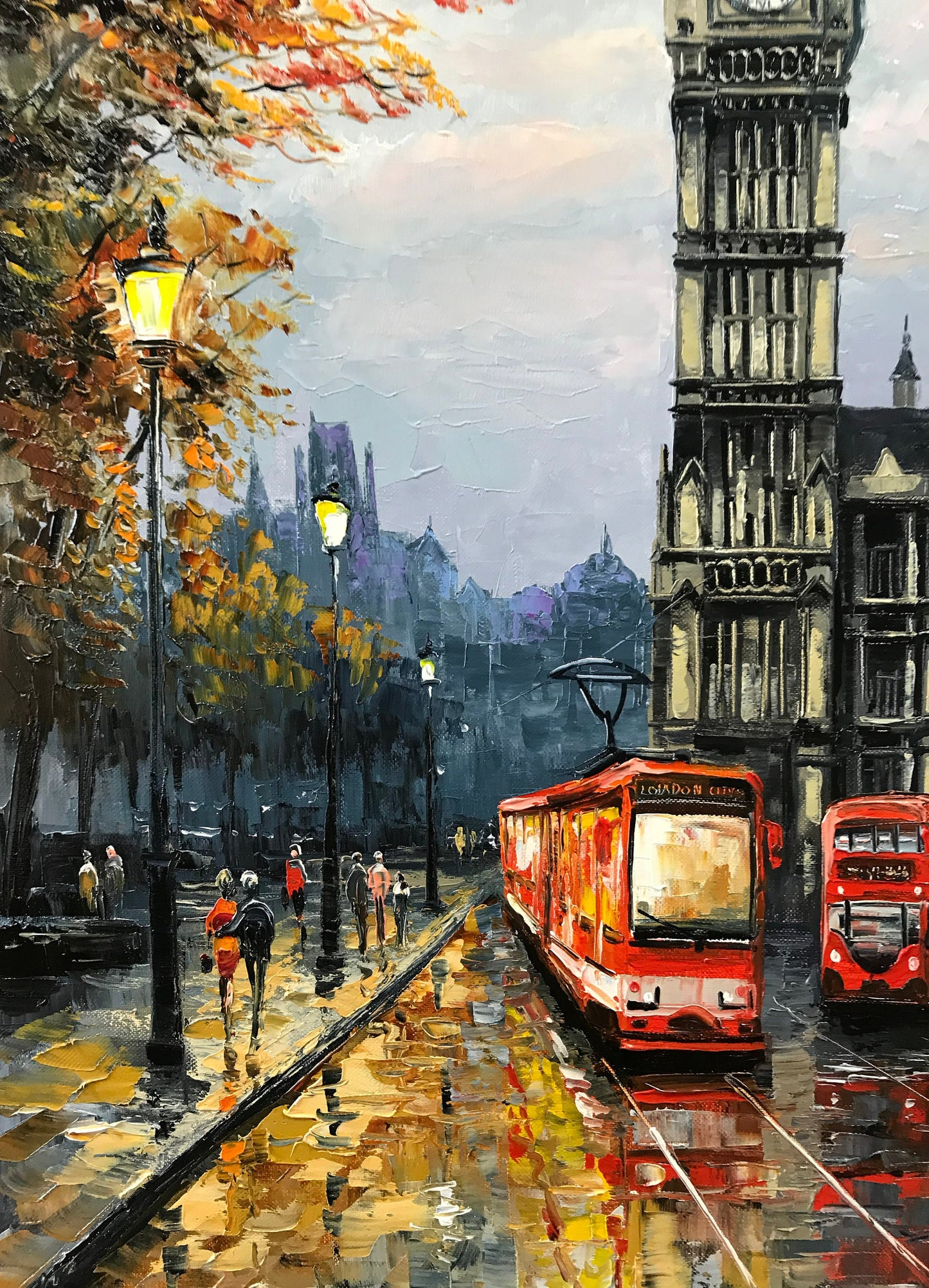 London Street Painting on Canvas London Scene Canvas Wall Art City Street View painting Big Ben Art London Bus Oil Painting Original Artwork