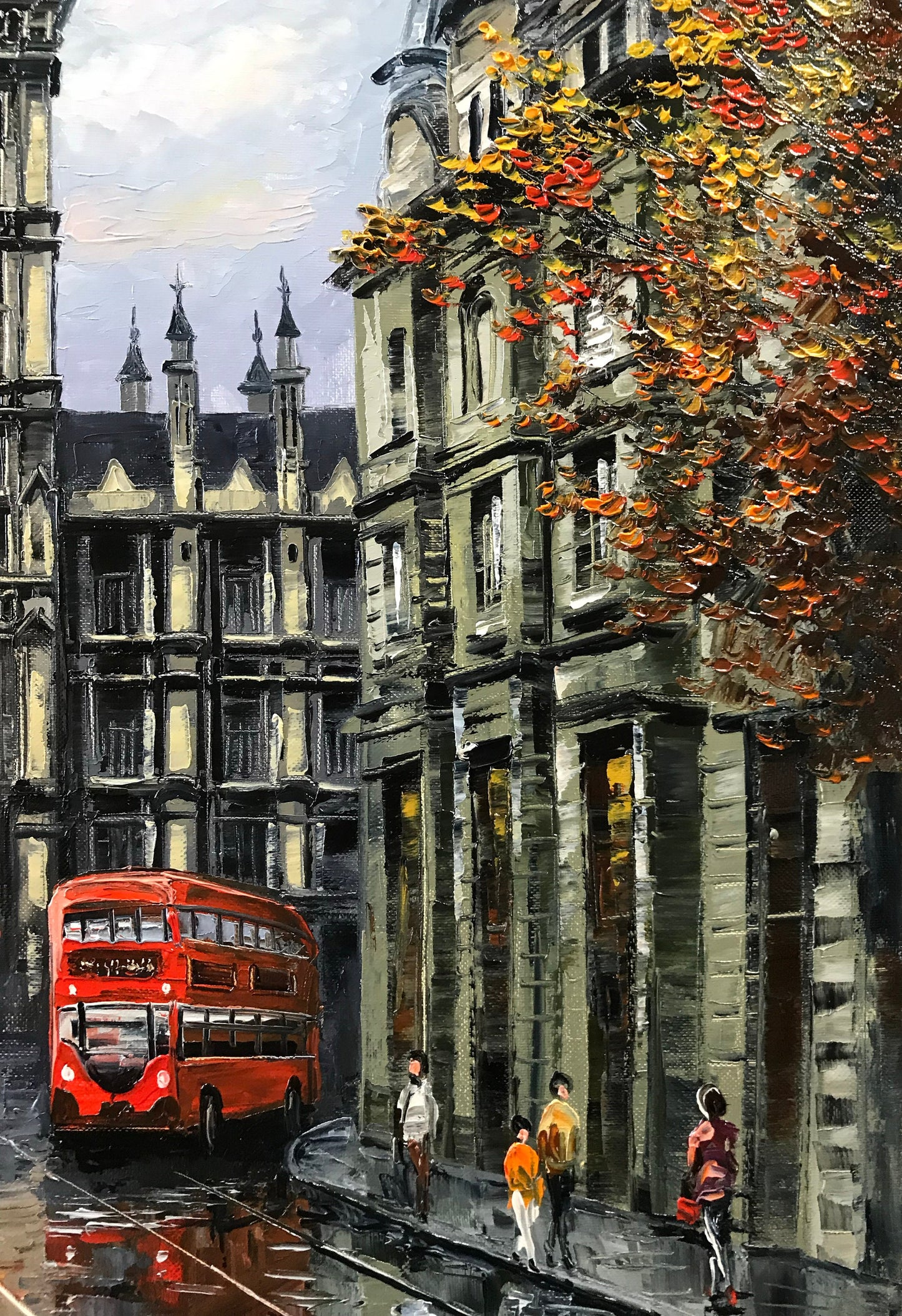 London Street Painting on Canvas London Scene Canvas Wall Art City Street View painting Big Ben Art London Bus Oil Painting Original Artwork