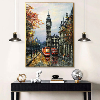 London Street Painting on Canvas London Scene Canvas Wall Art City Street View painting Big Ben Art London Bus Oil Painting Original Artwork