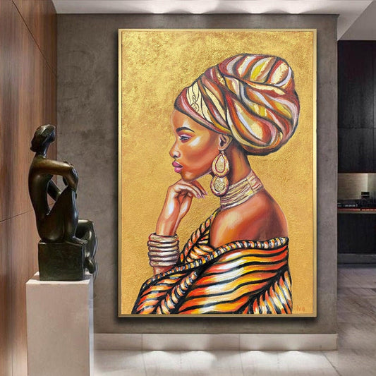 Black Girl Painting on Canvas African American Oil Painting Original Gold Wall Art Work Framed African American Woman Paintings for Sale