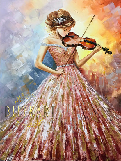 Beautiful Woman Playing Violin Painting on Canvas Violinist Artwork Girl in Pink Dress Oil Painting Modern Abstract Art Woman Violin Gift