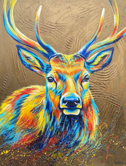 Abstract Deer Painting on Canvas Gold Deer Head Wall Art Decor Colorful Moose Painting Original Modern Abstract Elk Painting for Sale