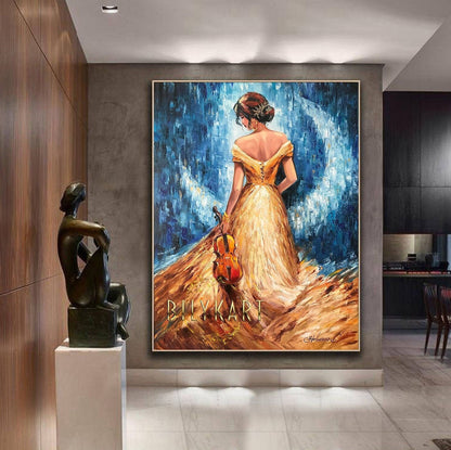 Violin Girl Oil Painting Original Violin Wall Art Painting of Woman From Behind Violin Gifts Modern Blue Gold Violinist Painting 30x40"