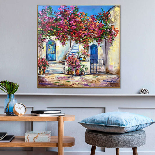 Santorini Painting Original Red Bougainvillea Painting Guest Room Decor Greek Flowers Cottage Painting Cottagecore Art Greece Oil Painting