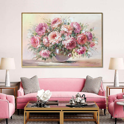 Pink Rose Bouquet Painting on Canvas Classical Still Life Oil Painting Original Handmade Artwork Pink Flowers in Vase Painting for Sale