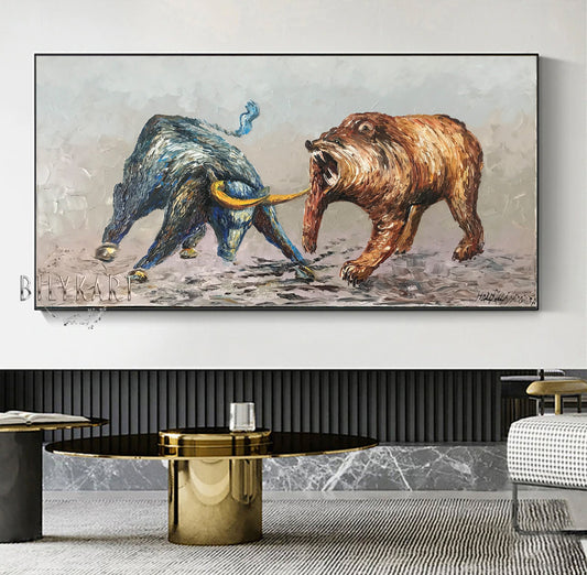Large Bull and Bear Oil Painting Original Abstract Bull Bear Wall Art Stock Market Wall Decor Extra Large Wall Street Bull vs Bear Painting