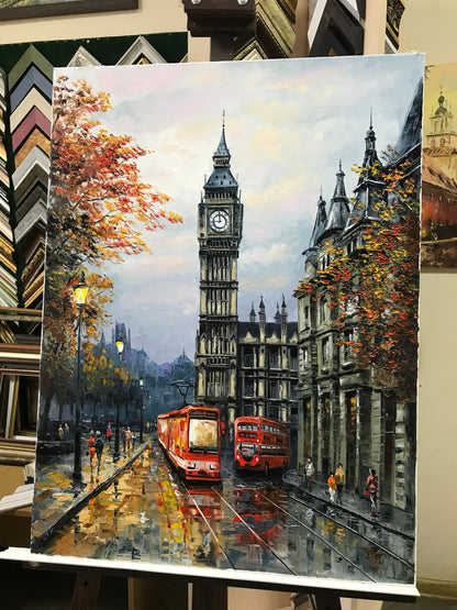 London Street Painting on Canvas London Scene Canvas Wall Art City Street View painting Big Ben Art London Bus Oil Painting Original Artwork