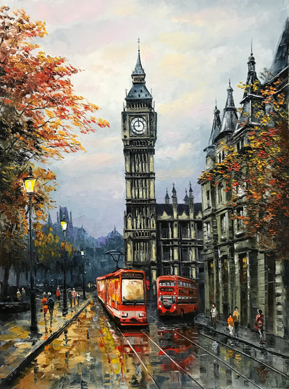 London Street Painting on Canvas London Scene Canvas Wall Art City Street View painting Big Ben Art London Bus Oil Painting Original Artwork