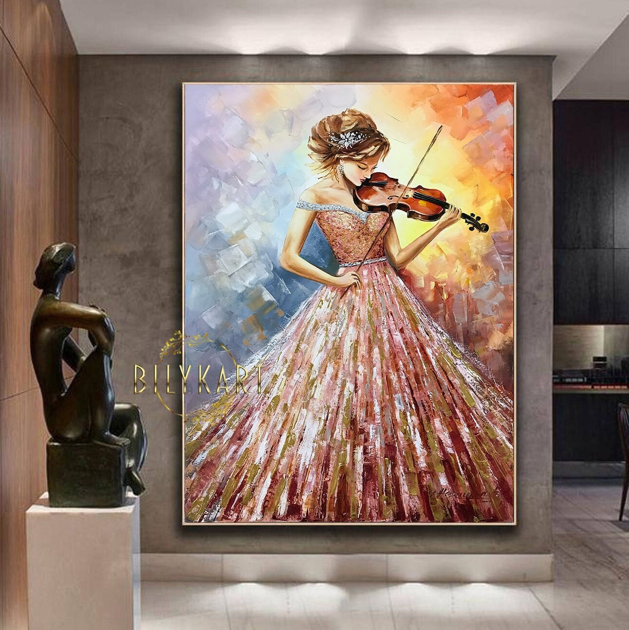 Beautiful Woman Playing Violin Painting on Canvas Violinist Artwork Girl in Pink Dress Oil Painting Modern Abstract Art Woman Violin Gift