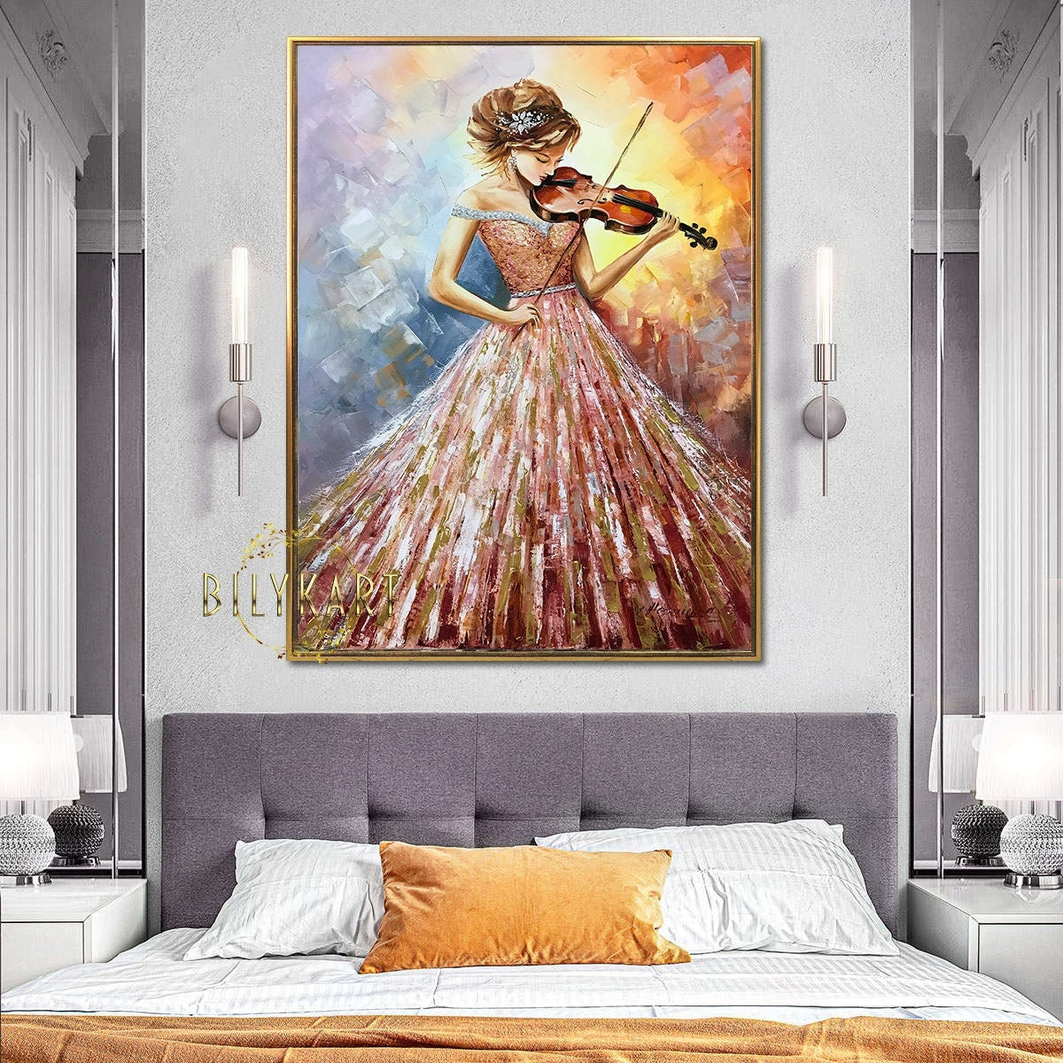 Beautiful Woman Playing Violin Painting on Canvas Violinist Artwork Girl in Pink Dress Oil Painting Modern Abstract Art Woman Violin Gift