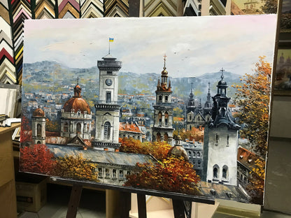 Buildings Paintings on Canvas Prague Wall Art Prague Painting Original Architecture Painting Europe Artwork Autumn City Painting Town Art