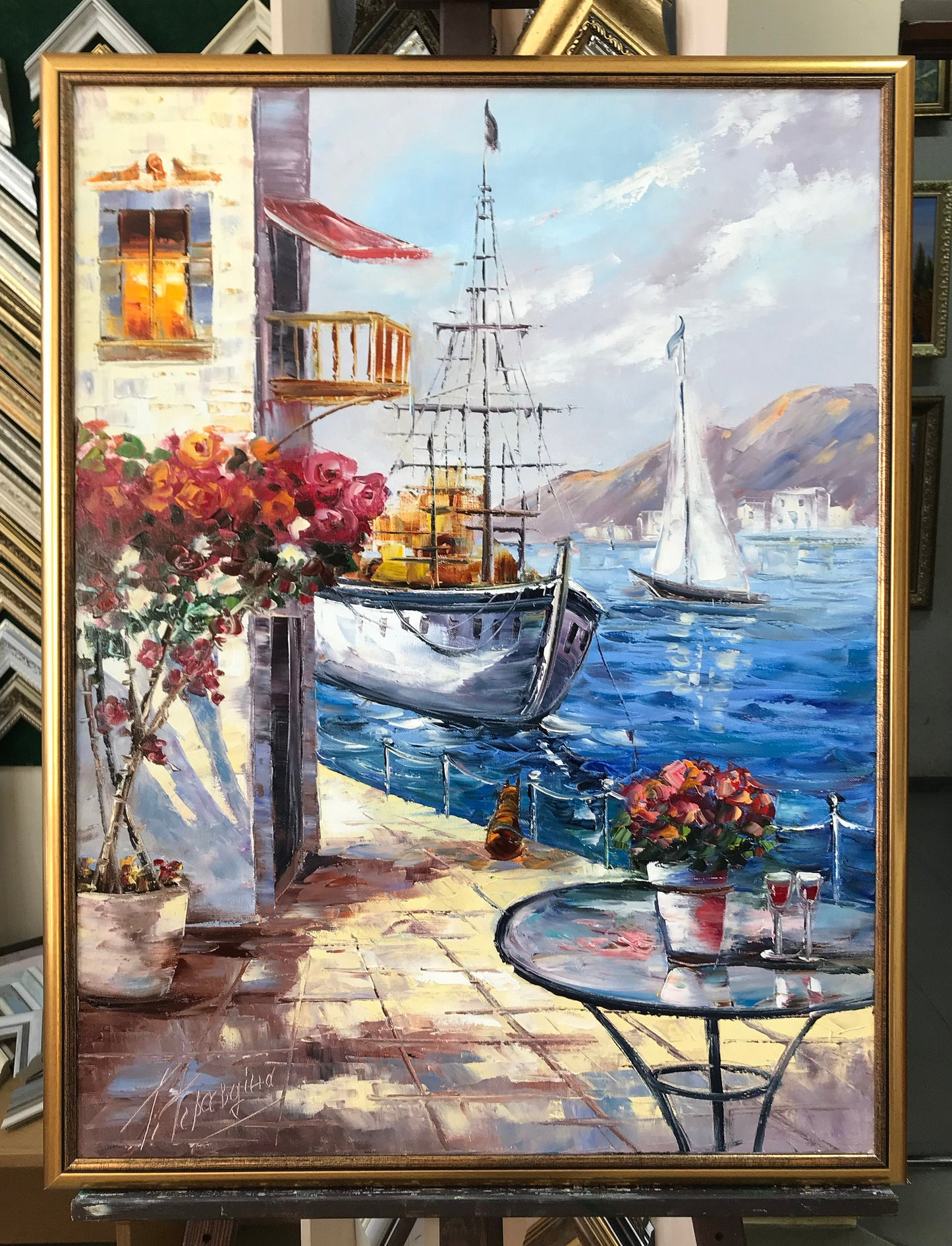 Greece Oil Painting Original Framed Oil Painting of Greek Villas Mediterranean Travel Painting on Canvas Greek Painting Greece Wall Art