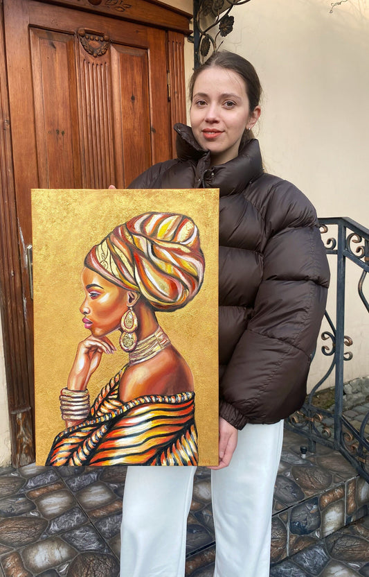 Black Girl Painting on Canvas African American Oil Painting Original Gold Wall Art Work Framed African American Woman Paintings for Sale