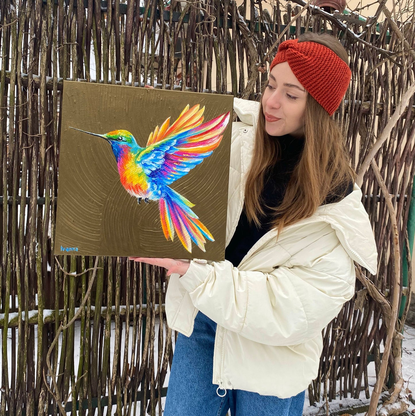 Hummingbird Painting on Canvas Colorful Hummingbird Wall Art Gold Bird Oil Painting Original Humming Bird Art Work Golden Bird Lover Gift