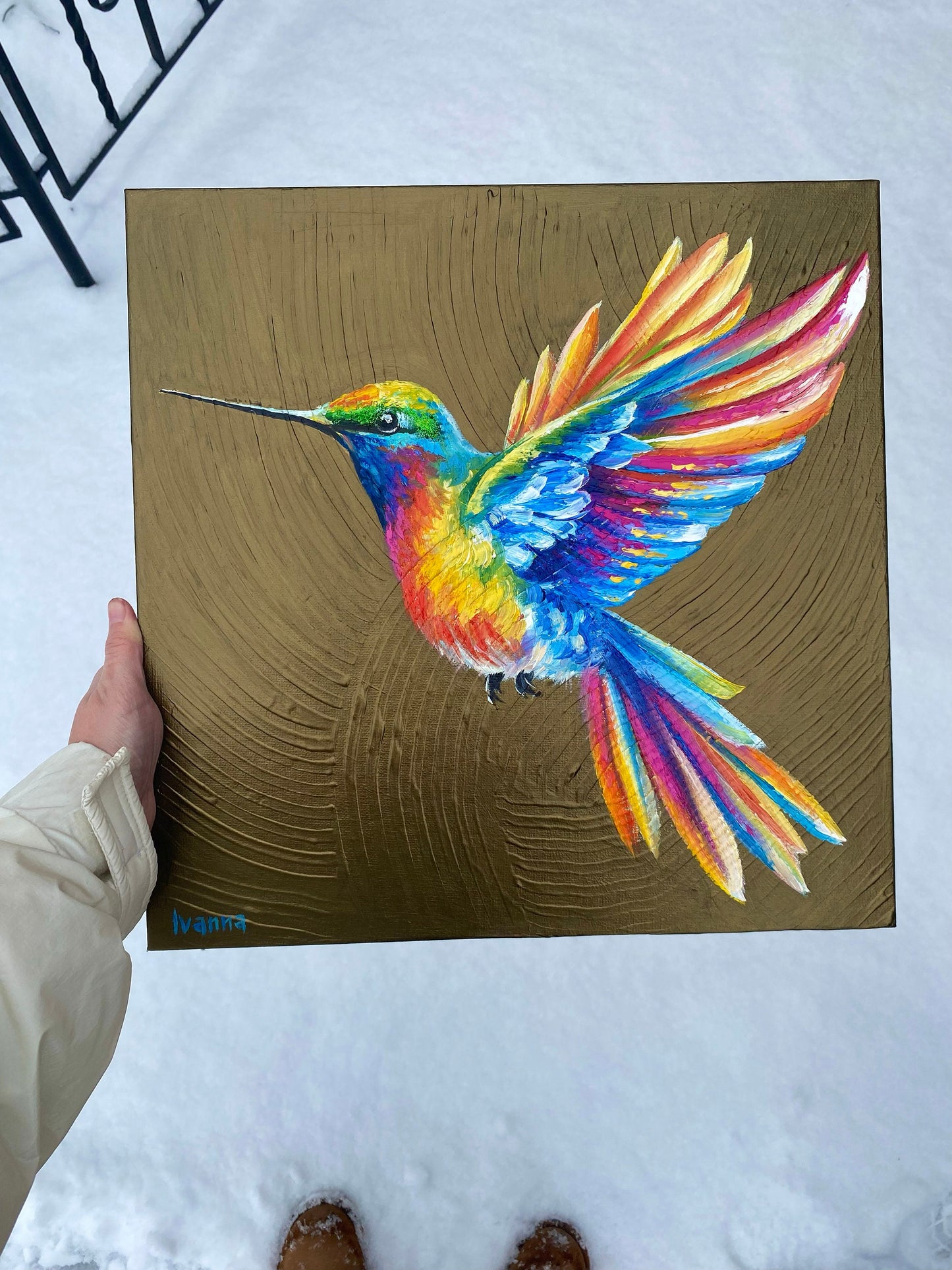 Hummingbird Painting on Canvas Colorful Hummingbird Wall Art Gold Bird Oil Painting Original Humming Bird Art Work Golden Bird Lover Gift