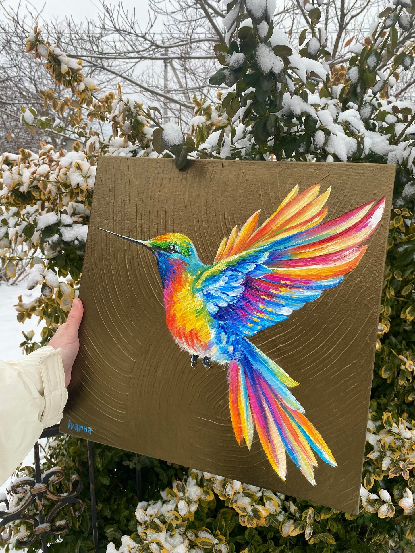 Hummingbird Painting on Canvas Colorful Hummingbird Wall Art Gold Bird Oil Painting Original Humming Bird Art Work Golden Bird Lover Gift