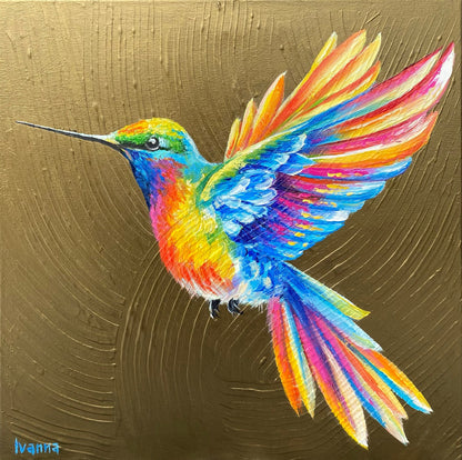 Hummingbird Painting on Canvas Colorful Hummingbird Wall Art Gold Bird Oil Painting Original Humming Bird Art Work Golden Bird Lover Gift