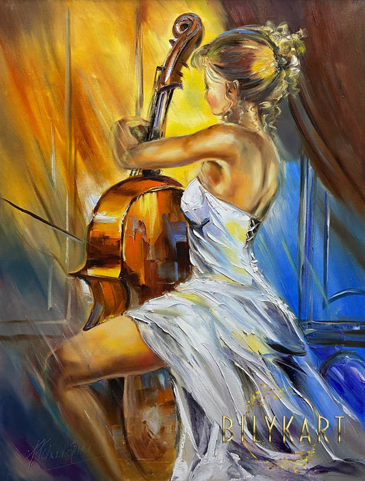 Beautiful Girl Playing Cello Painting Original Cello Art Figure Painting Classical Music Cottage Decor Female Body Art Pretty Woman Painting