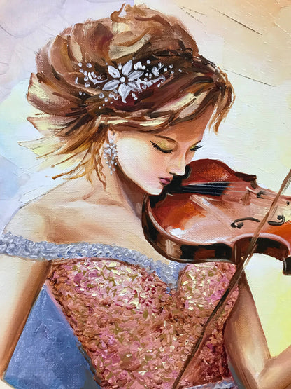 Beautiful Woman Playing Violin Painting on Canvas Violinist Artwork Girl in Pink Dress Oil Painting Modern Abstract Art Woman Violin Gift