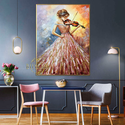 Beautiful Woman Playing Violin Painting on Canvas Violinist Artwork Girl in Pink Dress Oil Painting Modern Abstract Art Woman Violin Gift