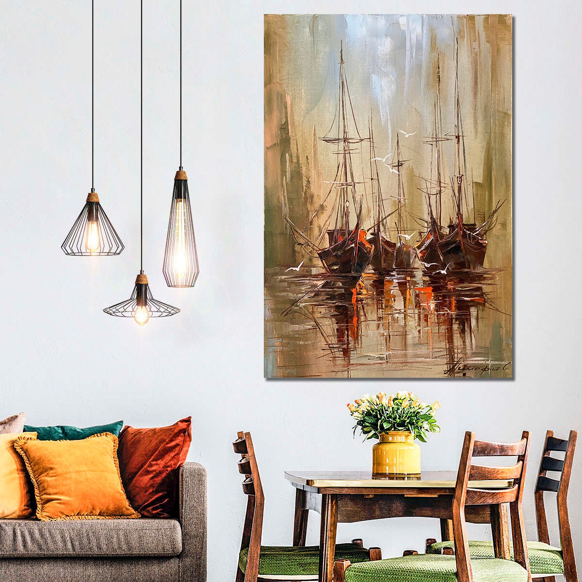 Abstract Seascape Paintings on Canvas Original Sailboat Artwork Hand Painted Art Large Boat Oil Painting Nautical Room Decor Sailing Art