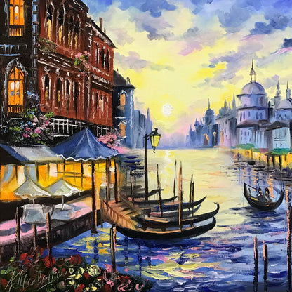 Venice Framed Oil Painting Original Venetian Paintings Sunset in Venice Italy Canvas Wall Decor Italian Landscape Paintings for sale 16x16"