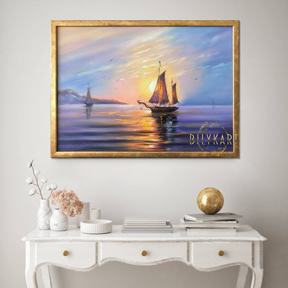 Sail Boat Oil Painting Original Sunset Painting Sea boat Art Decor Harbor Painting Framed Ship Wall Art Canvas Large Boat Yacht Oil Painting