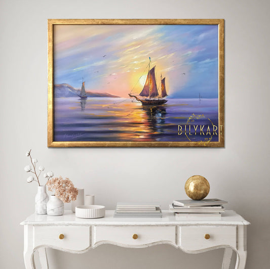 Sail Boat Oil Painting Original Sunset Painting Sea boat Art Decor Harbor Painting Framed Ship Wall Art Canvas Large Boat Yacht Oil Painting