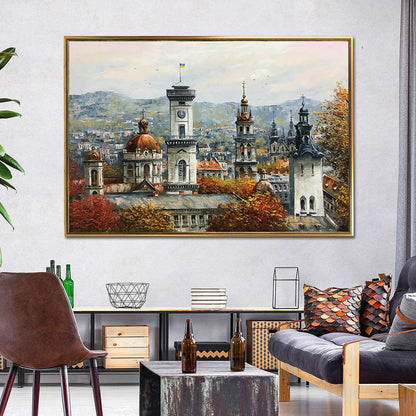 Buildings Paintings on Canvas Prague Wall Art Prague Painting Original Architecture Painting Europe Artwork Autumn City Painting Town Art