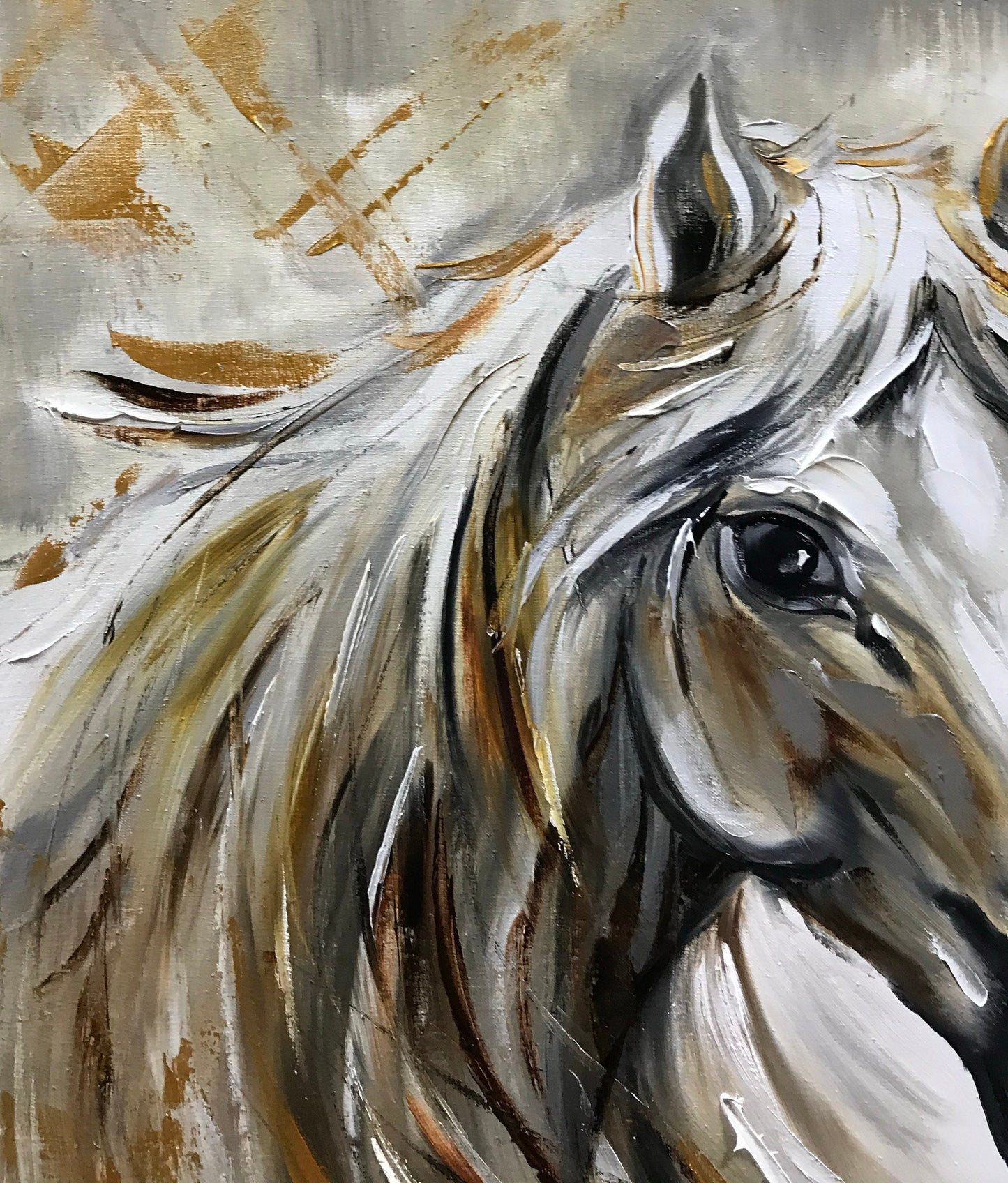 White Horse Oil Painting Original Abstract Horse Art Two Horses Paintings Equine Gifts Wild Horse Painting Gold Framed Large Horse Artwork