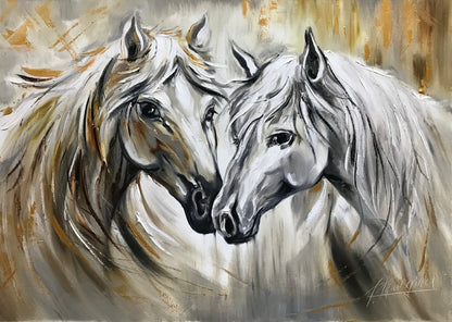 White Horse Oil Painting Original Abstract Horse Art Two Horses Paintings Equine Gifts Wild Horse Painting Gold Framed Large Horse Artwork