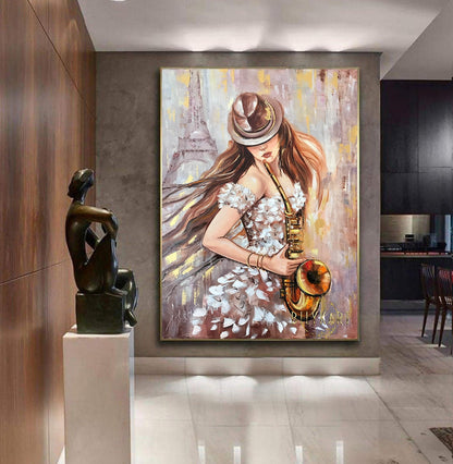 Abstract Figurative Painting Woman in Hat Playing Saxophone Oil Painting Figurative Art Jazz Painting Paris Painting Abstract Woman Art Gift