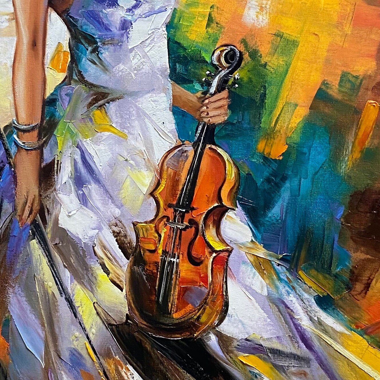 Lady with Violin Oil Painting Original Women 36x48 Canvas Wall Art Girl Large Musician Abstract Painting Modern Colorful Violinist Painting