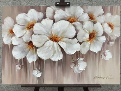 Abstract Flower Oil Painting Large White Flowers Wall Art Modern Floral Oil Artwork Over Bed Art Luxury Flower Painting Above Couch Wall Art