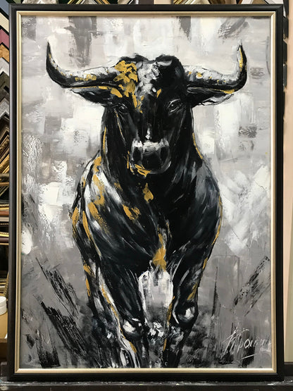 Charging Bull Painting Art Stock Exchange Black and White Oversized Black Wallstreet Bull Artwork