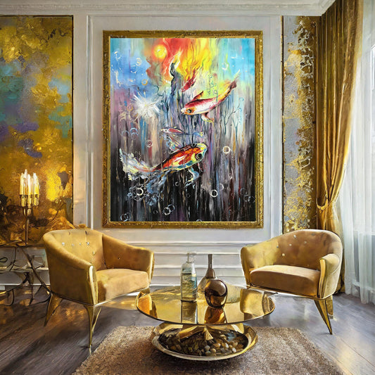 Large Koi Fish Oil Painting Original Undersea Painting Japanese Koi Fish Wall Art Extra Large Wall Art Abstract Fish Art Koi Fish Paintings