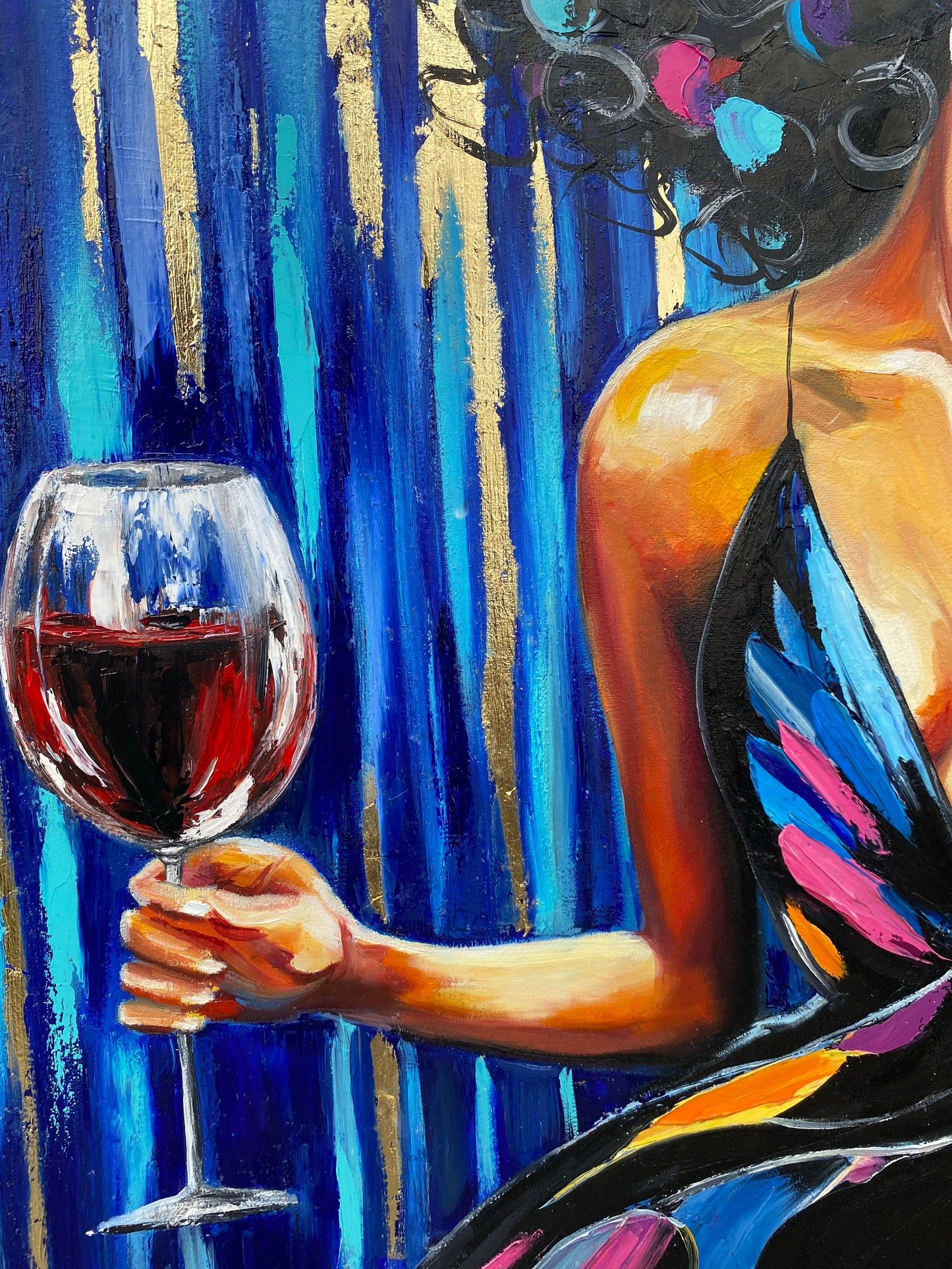 Girl with Wine Painting on Canvas Wine Glass Wall Art Woman Wine Art Alcohol painting African Woman Oil Painting Original Red Wine Gift