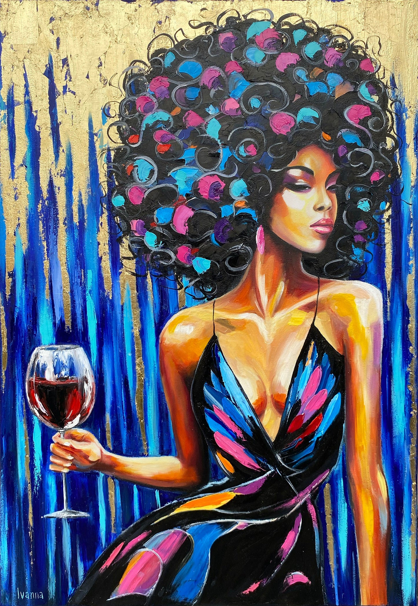 Girl with Wine Painting on Canvas Wine Glass Wall Art Woman Wine Art Alcohol painting African Woman Oil Painting Original Red Wine Gift