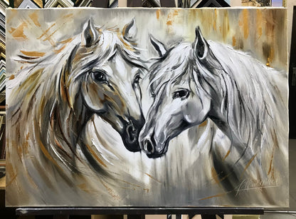 White Horse Oil Painting Original Abstract Horse Art Two Horses Paintings Equine Gifts Wild Horse Painting Gold Framed Large Horse Artwork