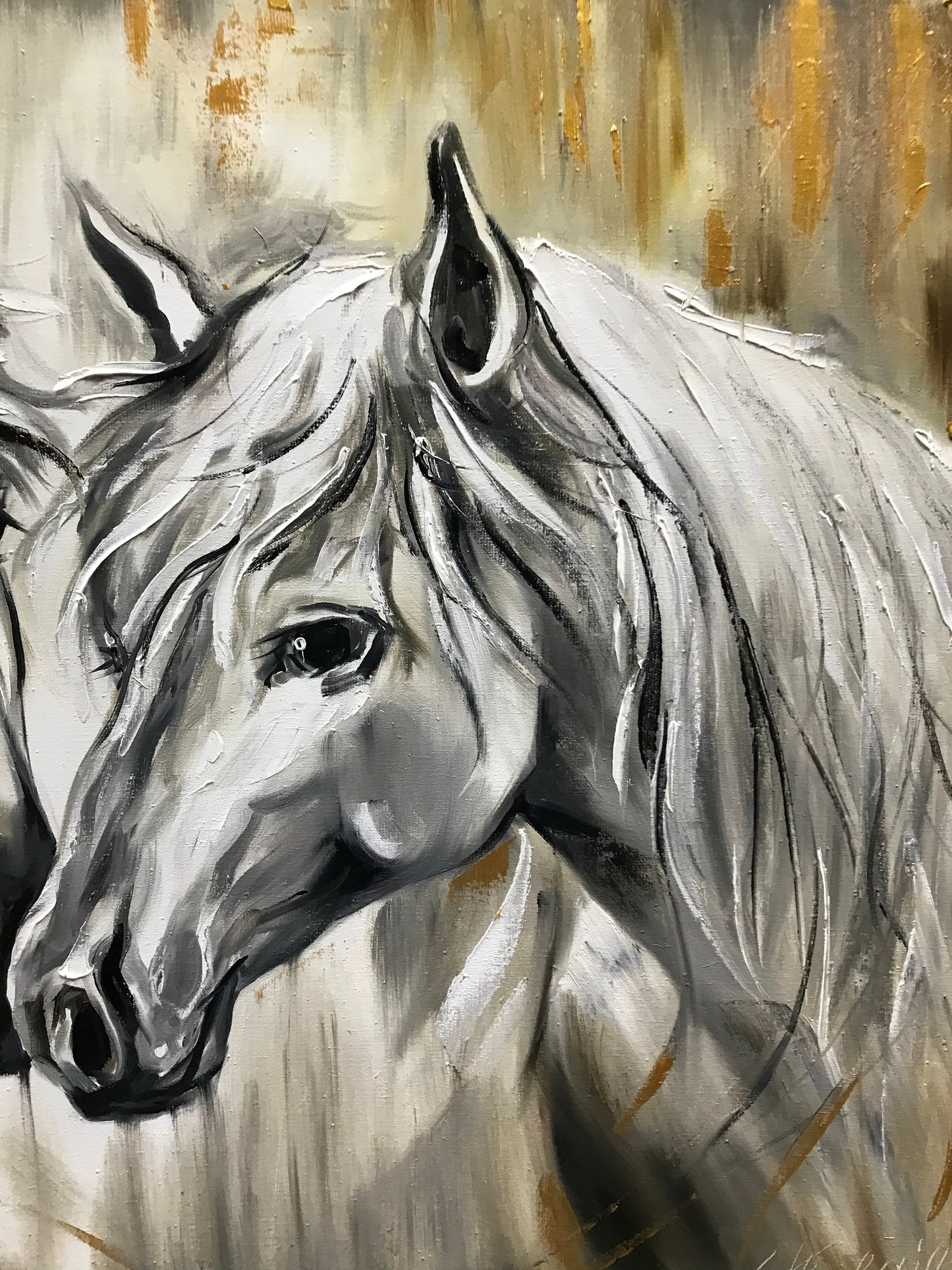 White Horse Oil Painting Original Abstract Horse Art Two Horses Paintings Equine Gifts Wild Horse Painting Gold Framed Large Horse Artwork