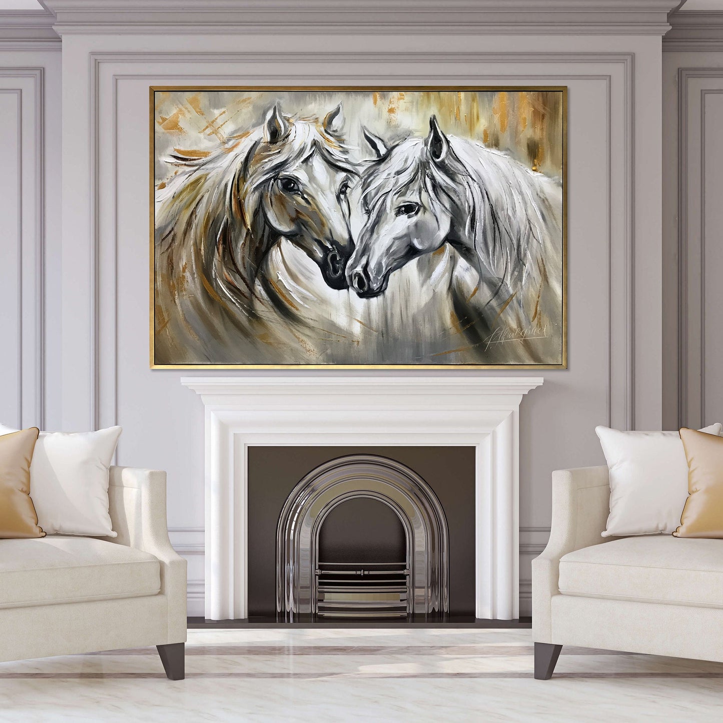 White Horse Oil Painting Original Abstract Horse Art Two Horses Paintings Equine Gifts Wild Horse Painting Gold Framed Large Horse Artwork