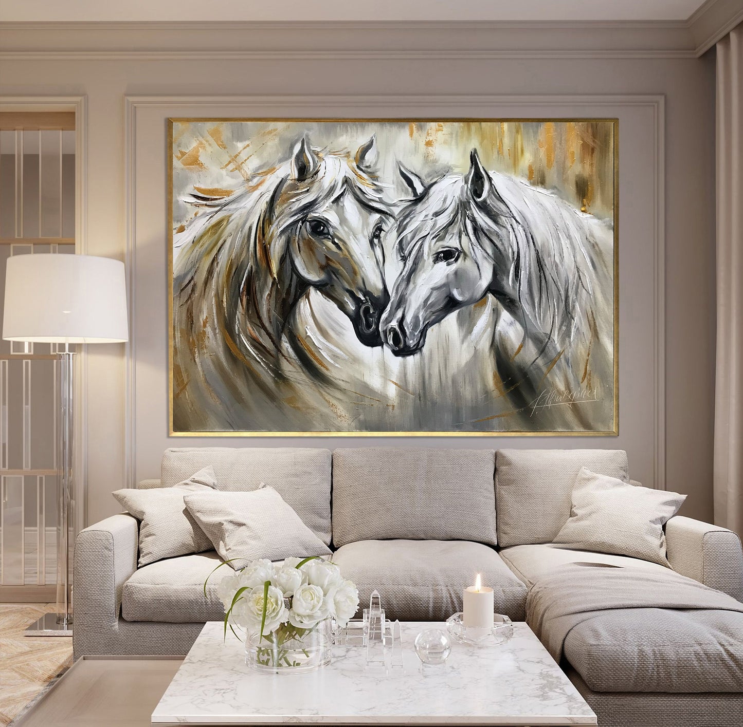 White Horse Oil Painting Original Abstract Horse Art Two Horses Paintings Equine Gifts Wild Horse Painting Gold Framed Large Horse Artwork