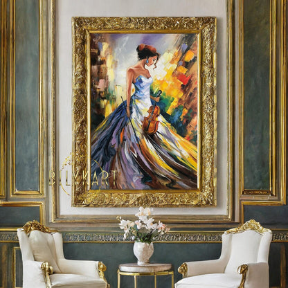 Lady with Violin Oil Painting Original Women 36x48 Canvas Wall Art Girl Large Musician Abstract Painting Modern Colorful Violinist Painting