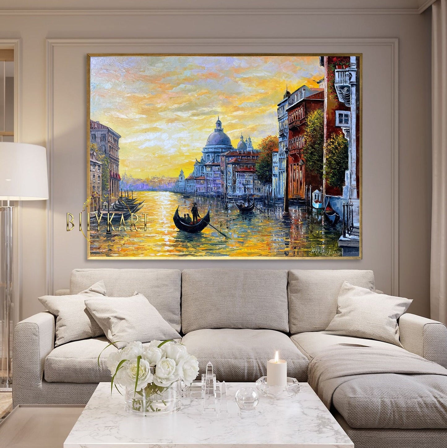 Venice Painting on Canvas Gold Sunset Oil Painting Italy Wall Art Grand Canal Painting Italian Travel Gift Framed Paintings of Venice Italy