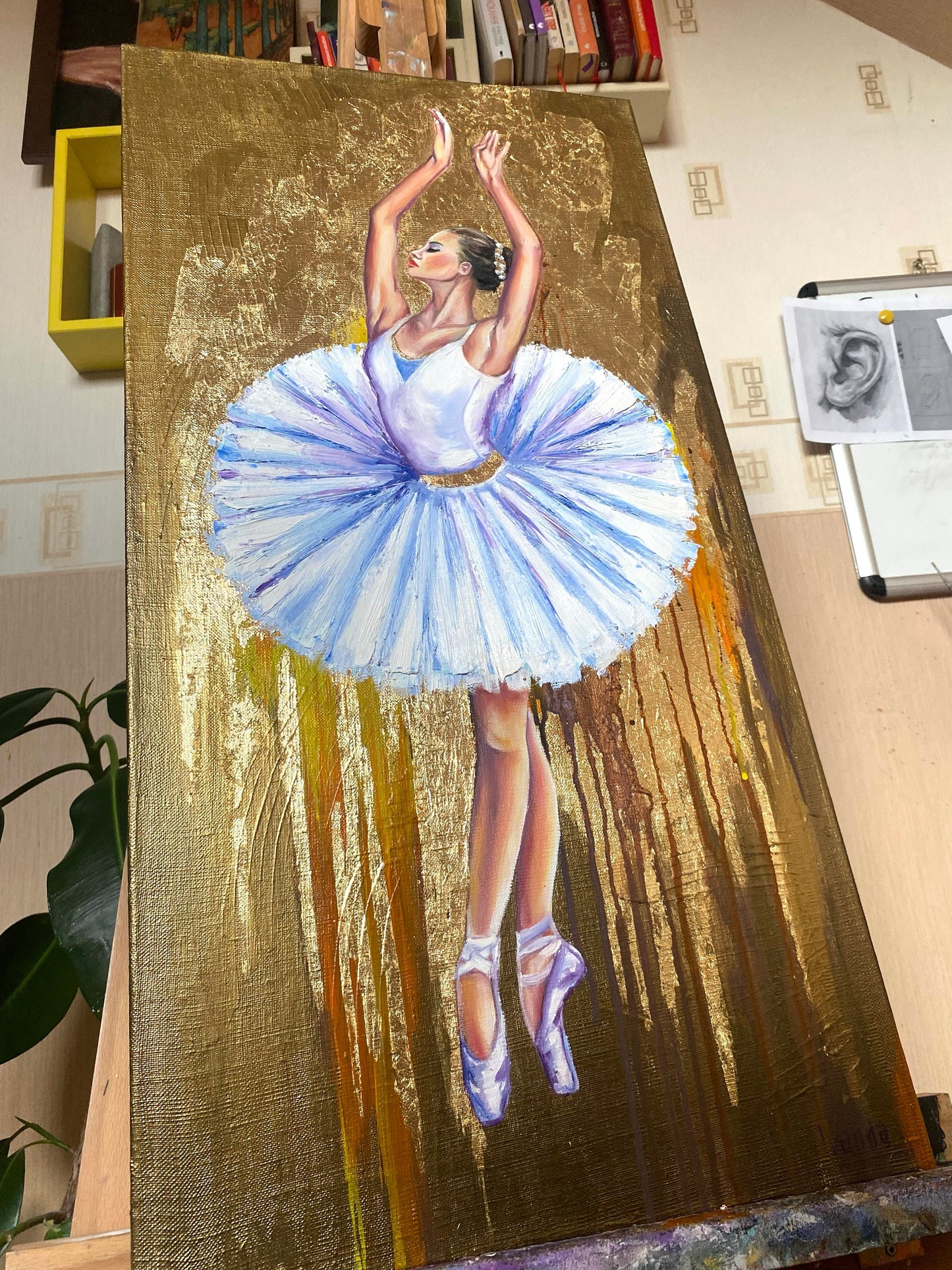 Dancing Ballerina Oil Painting Original Ballet Dancer Art Ballet Paintings Gold Ballerina in White Dress Oil Painting Ballerina Wall Decor