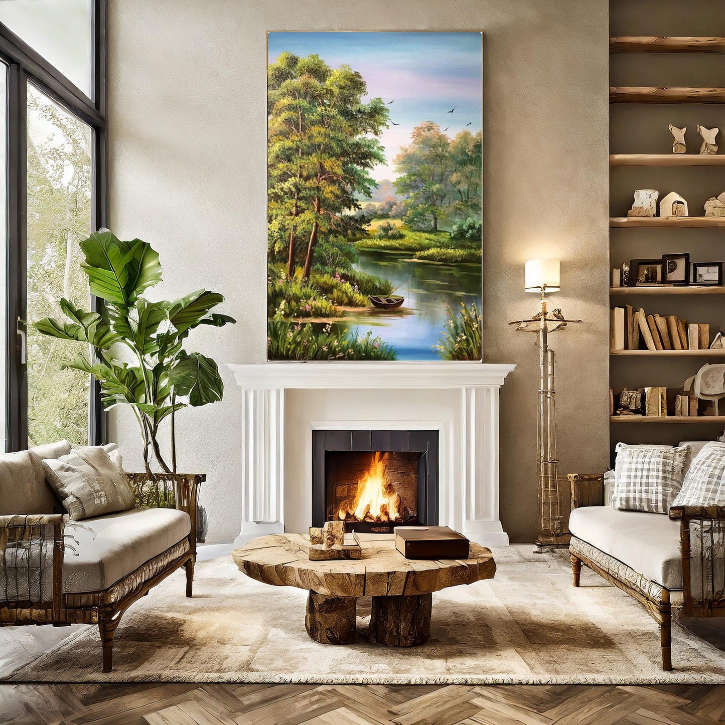 Original Landscape Oil Painting on Canvas Living Room Wall Art Green Forest Artwork River Panorama Wall Art Countryside Nature Oil Painting