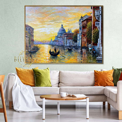 Venice Painting on Canvas Gold Sunset Oil Painting Italy Wall Art Grand Canal Painting Italian Travel Gift Framed Paintings of Venice Italy