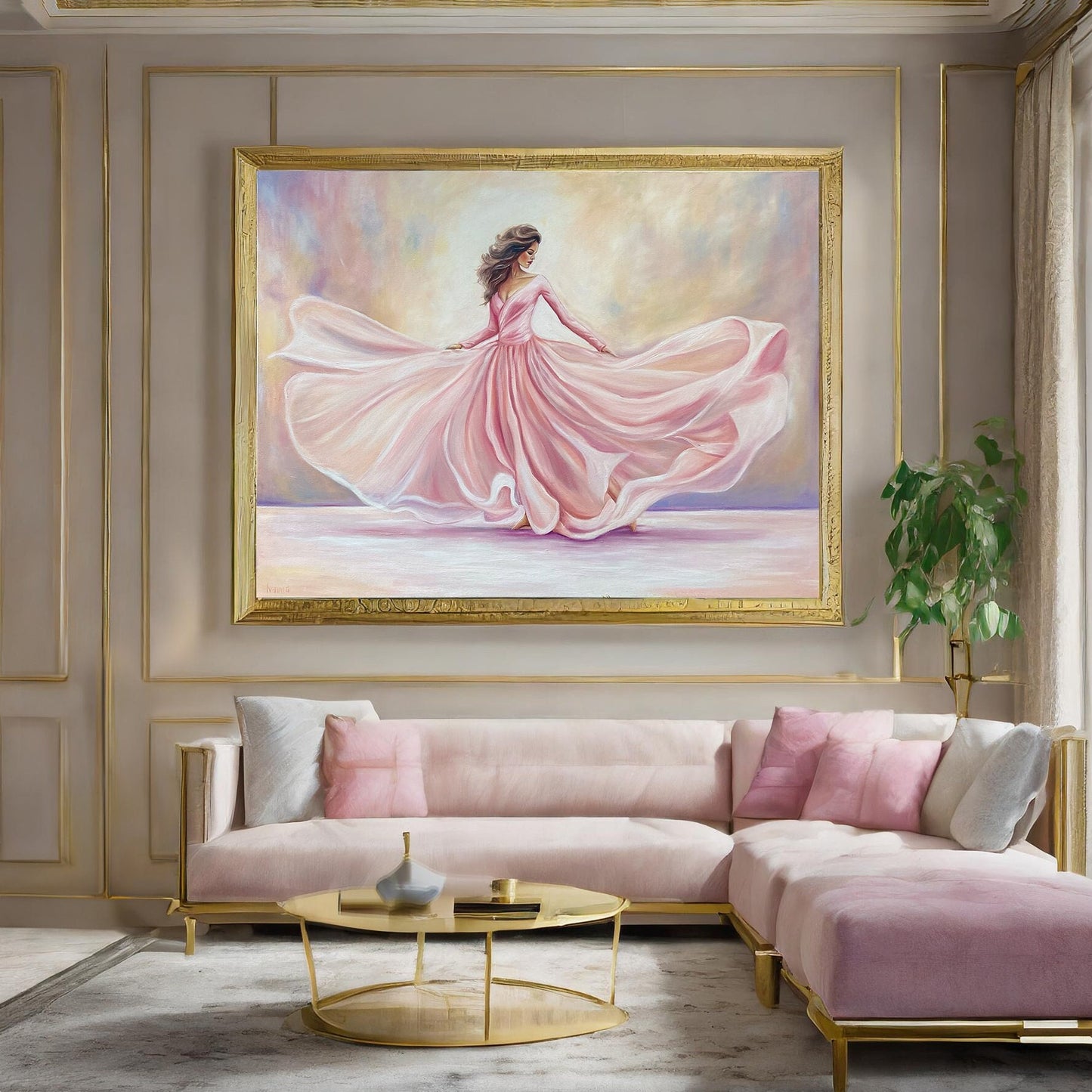 Dancing Woman Painting on Canvas Pink Ballerina Wall Art Elegant Lady in Pink Dress Painting Modern Ballerina Art Dancer Oil Painting