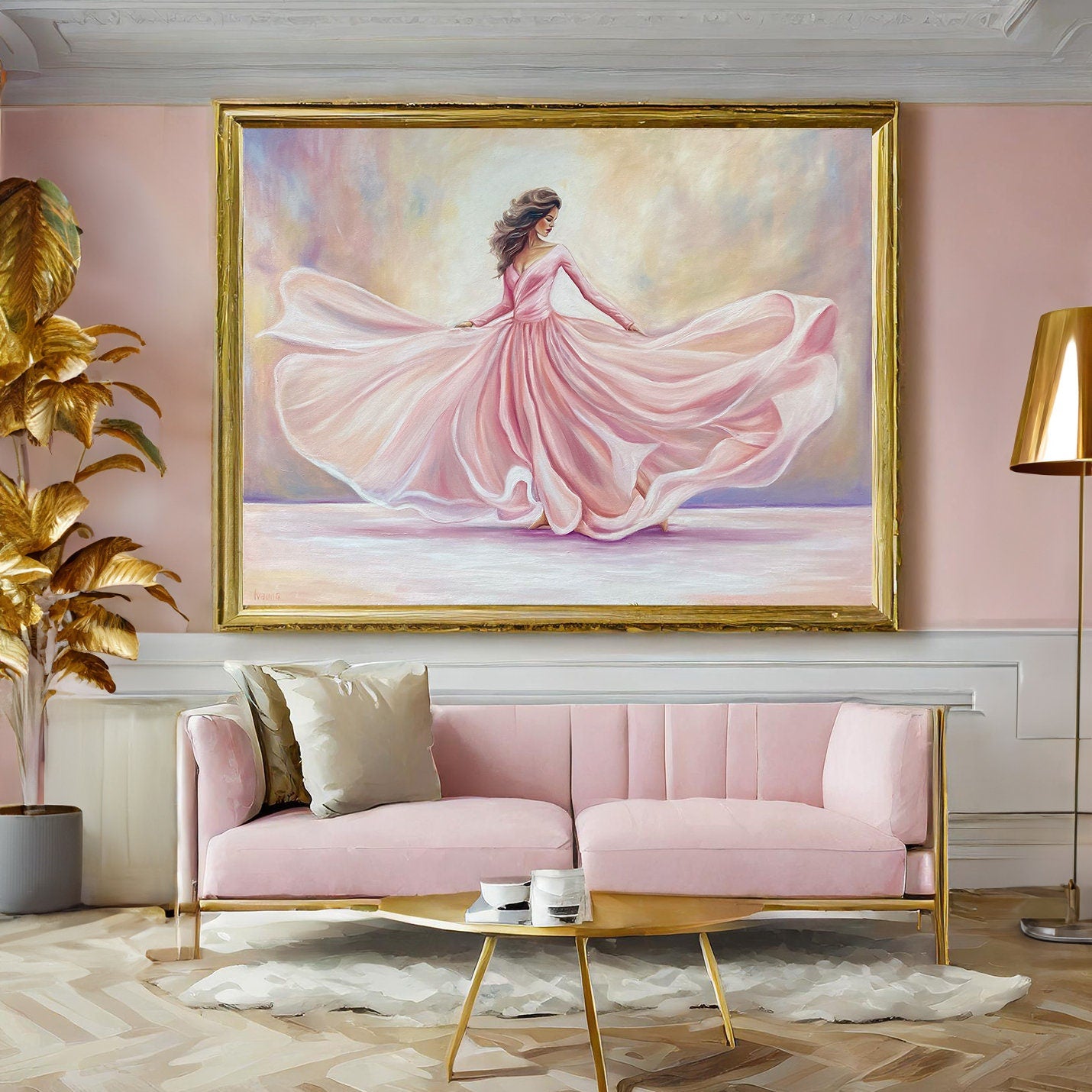 Dancing Woman Painting on Canvas Pink Ballerina Wall Art Elegant Lady in Pink Dress Painting Modern Ballerina Art Dancer Oil Painting