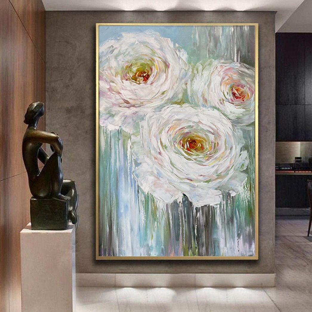 White Roses Painting Original Abstract Rose Wall Decor White Flowers Painting on Canvas Flowers Art Work Rose Oil Painting Flower Artwork